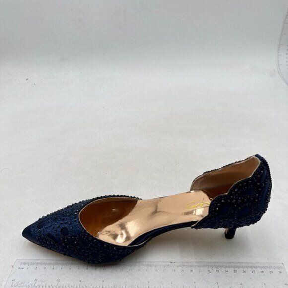 XYD Women's Pumps,Pointed Toe, D'Orsay Kitten Low Heels, Rhinestone Studs,Blue - Picture 2 of 8